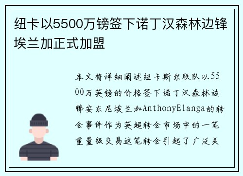 纽卡以5500万镑签下诺丁汉森林边锋埃兰加正式加盟