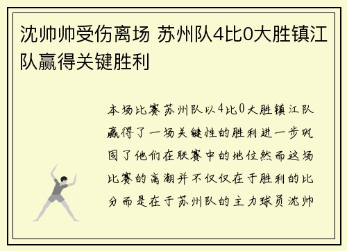 沈帅帅受伤离场 苏州队4比0大胜镇江队赢得关键胜利